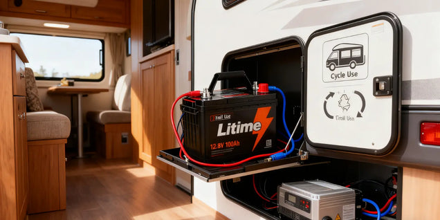 Batterie LiTime 12V 100Ah installée dans un camping-car, solution LiFePO4 pour une autonomie électrique fiable en voyage