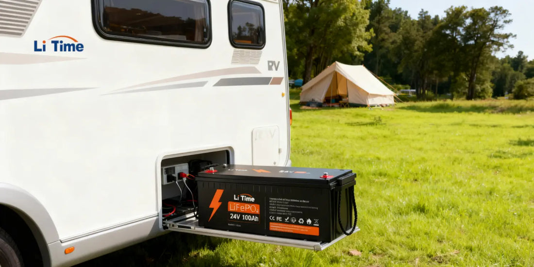 Batterie LiTime LiFePO4 24V 100Ah installée dans un camping-car, idéale pour un branchement en série ou en parallèle dans les systèmes solaires hors réseau.