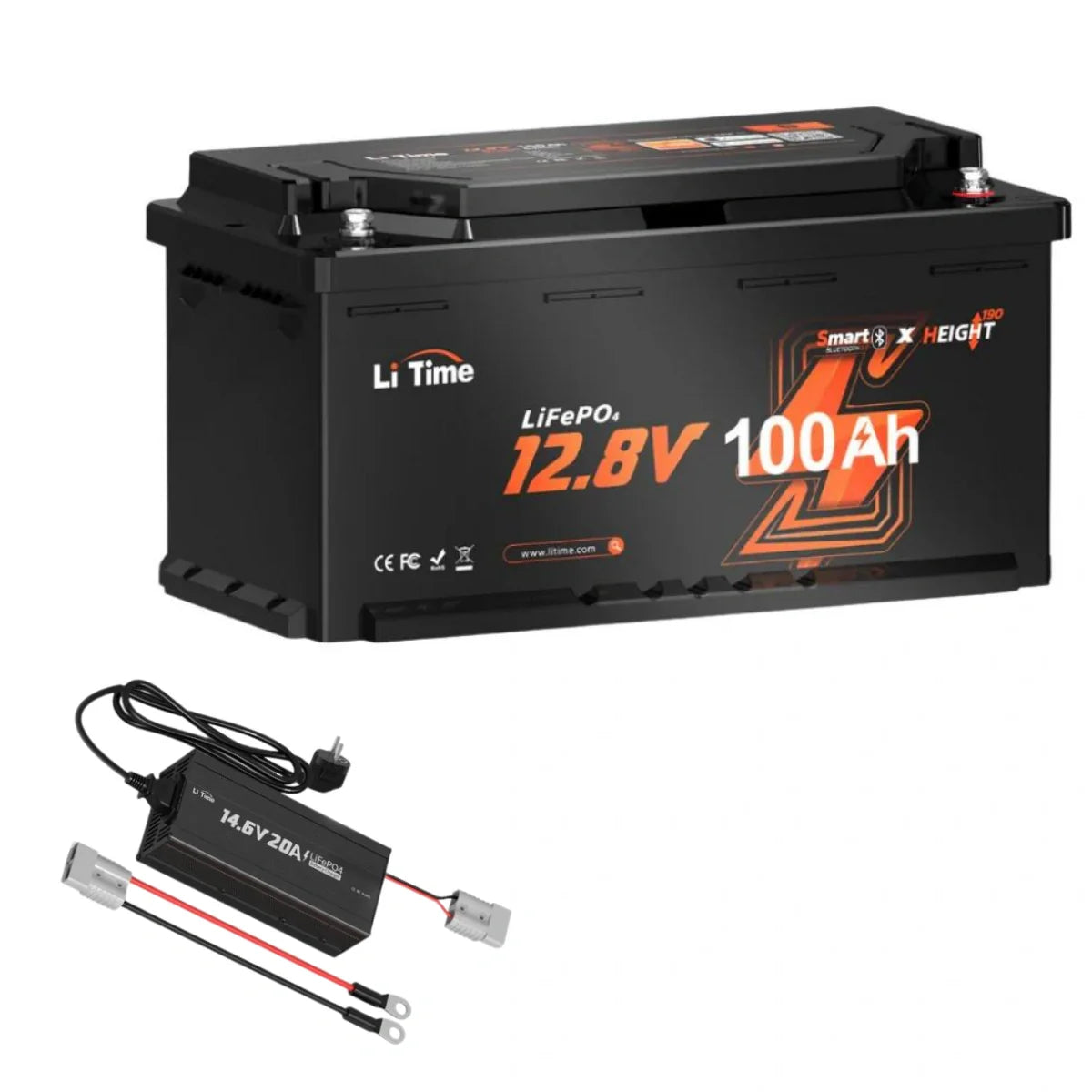 LiTime 12V 100Ah H190 Batteria al Litio + Caricabatterie 12V 20A - Soluzione Completa per Camper - LiTimeFR/IT/ES