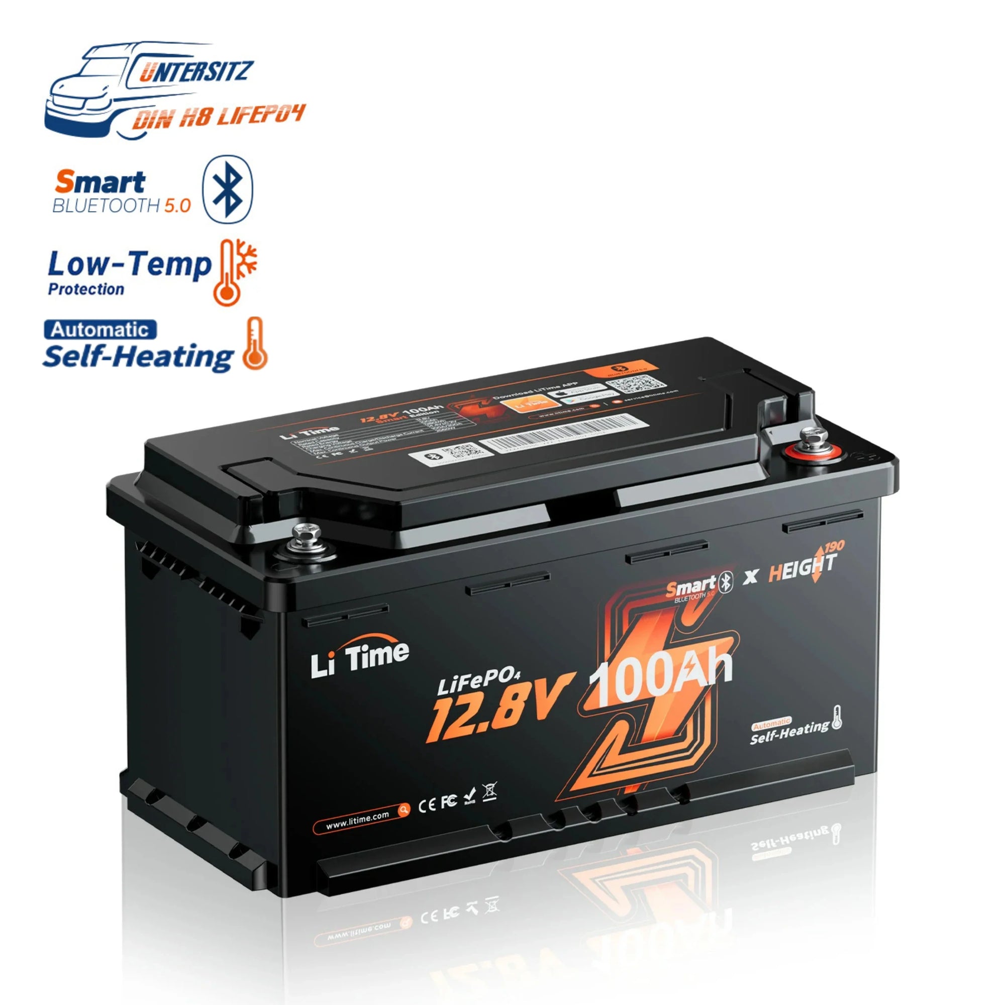 ⚡Nouvel arrivage⚡12V 100Ah H190 LiFePO4 Deep Cycle Batterie mit Bluetooth 5.0 & Chauffage - Camping-car sous siège DIN H8