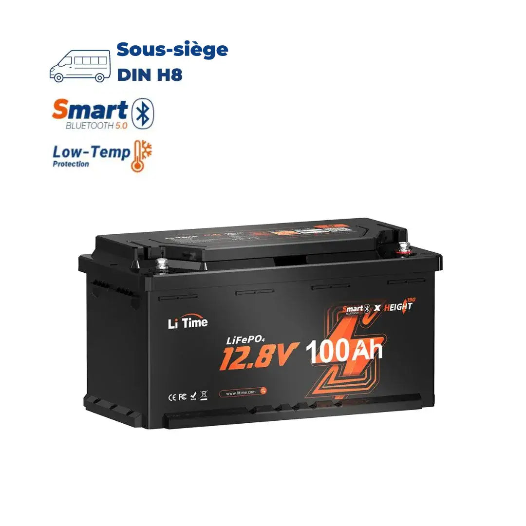 ⚡Top Vente⚡LiTime 12V 100Ah H190 Batterie au lithium avec Bluetooth - Batterie Camping Car Lithium, taille DIN H8 L5