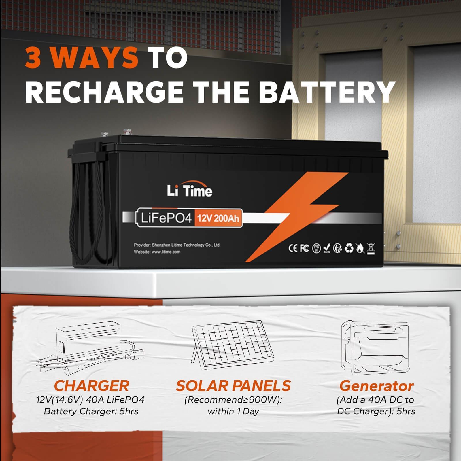 Three recharge methods for LiTime 12V 200Ah LiFePO4 battery: charger, solar panels, and generator.