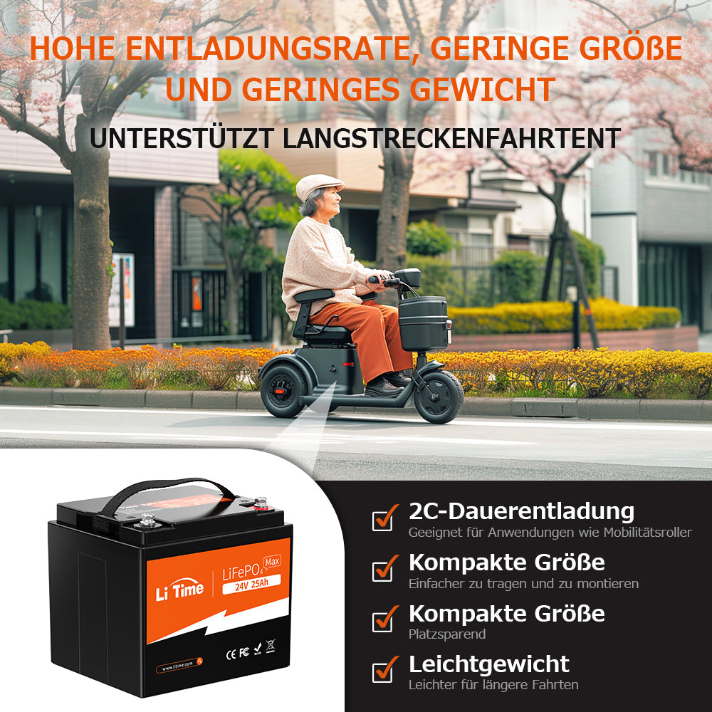 LiTime 24V 25Ah LiFePO4 Batteria con BMS per Scooter e Attrezzi