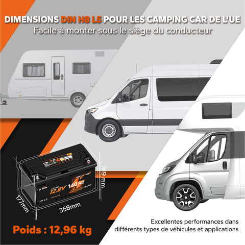 ⚡Meilleure Remise Nouveauté⚡12V 140Ah H190 Batterie au lithium Deep Cycle avec Bluetooth - Sous le siège du camping-car, DIN H8