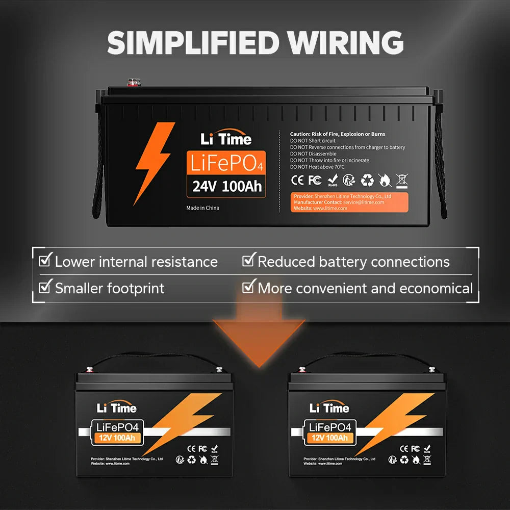 LiTime 24V 100Ah lithium battery equal with two 12V 100Ah LiFePO4 battery in series