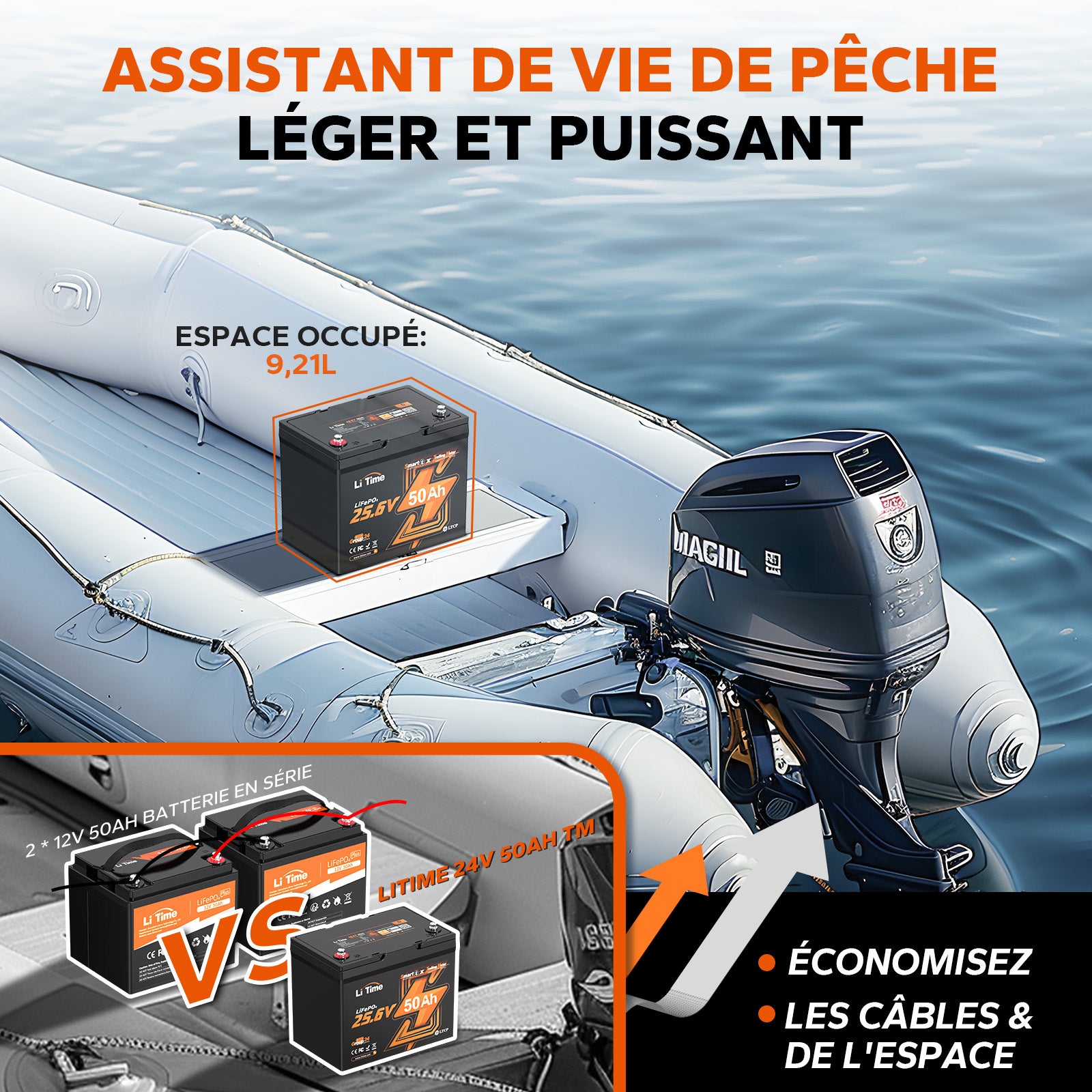 24V 50Ah Batterie Lithium Low-Temp Bluetooth pour Moteurs Électriques de Bateaux