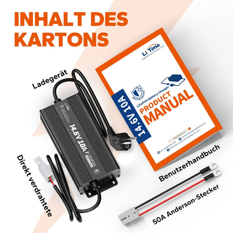 Contenu de l'emballage : chargeur LiTime 12V 10A et accessoires