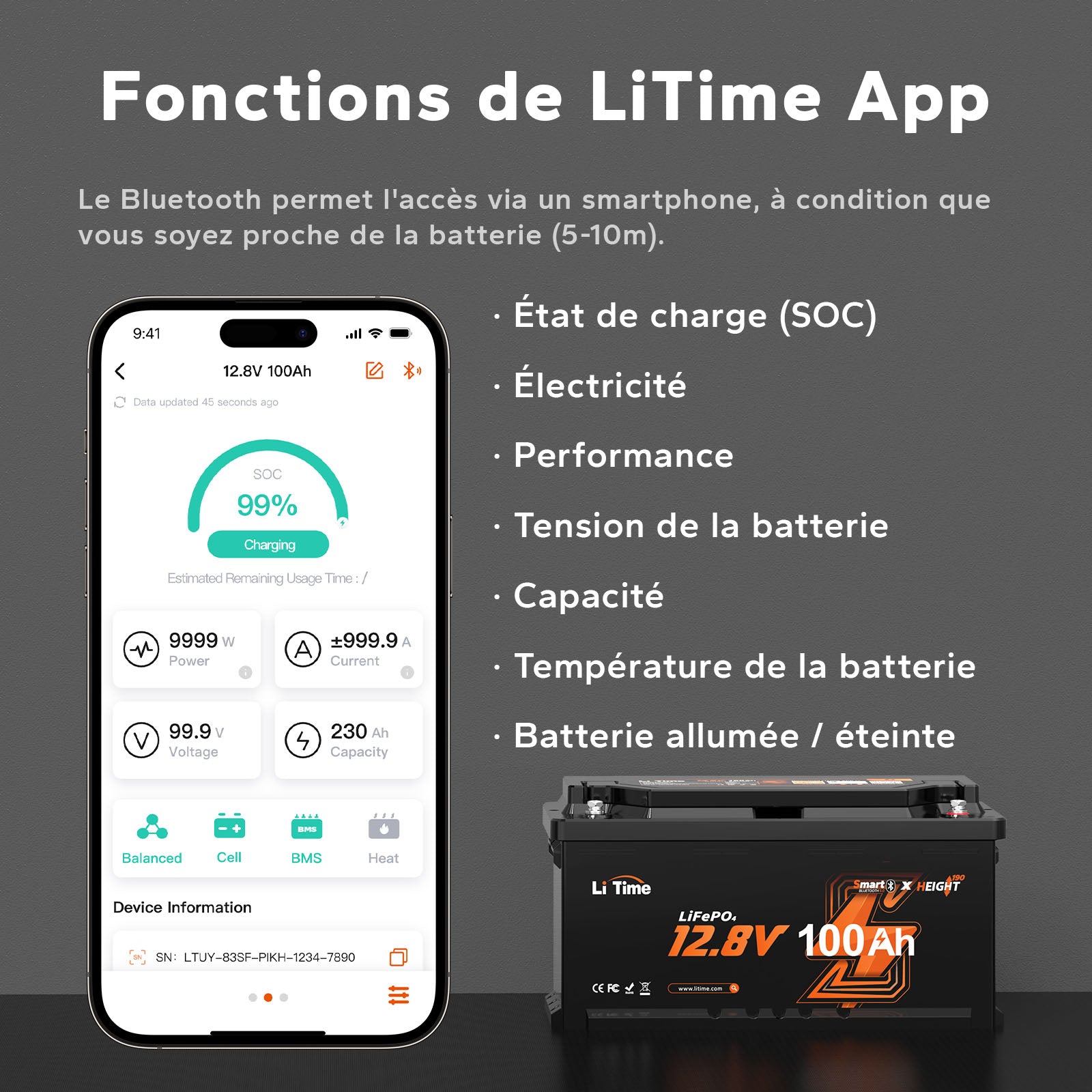 Contrôle via application pour batterie LiTime.