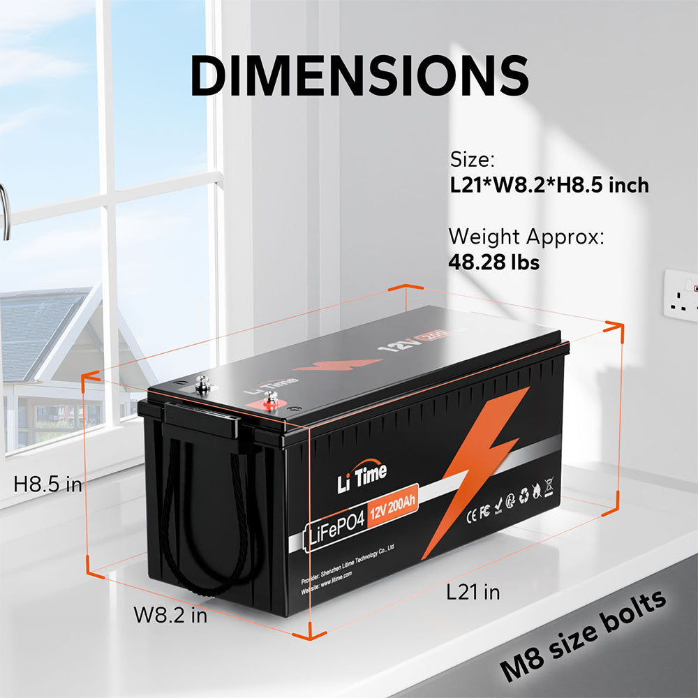 Batteria LiFePO4 12V 200Ah con dimensioni 21x8.2x8.5 pollici, peso 48.28 libbre e bulloni di misura M8.