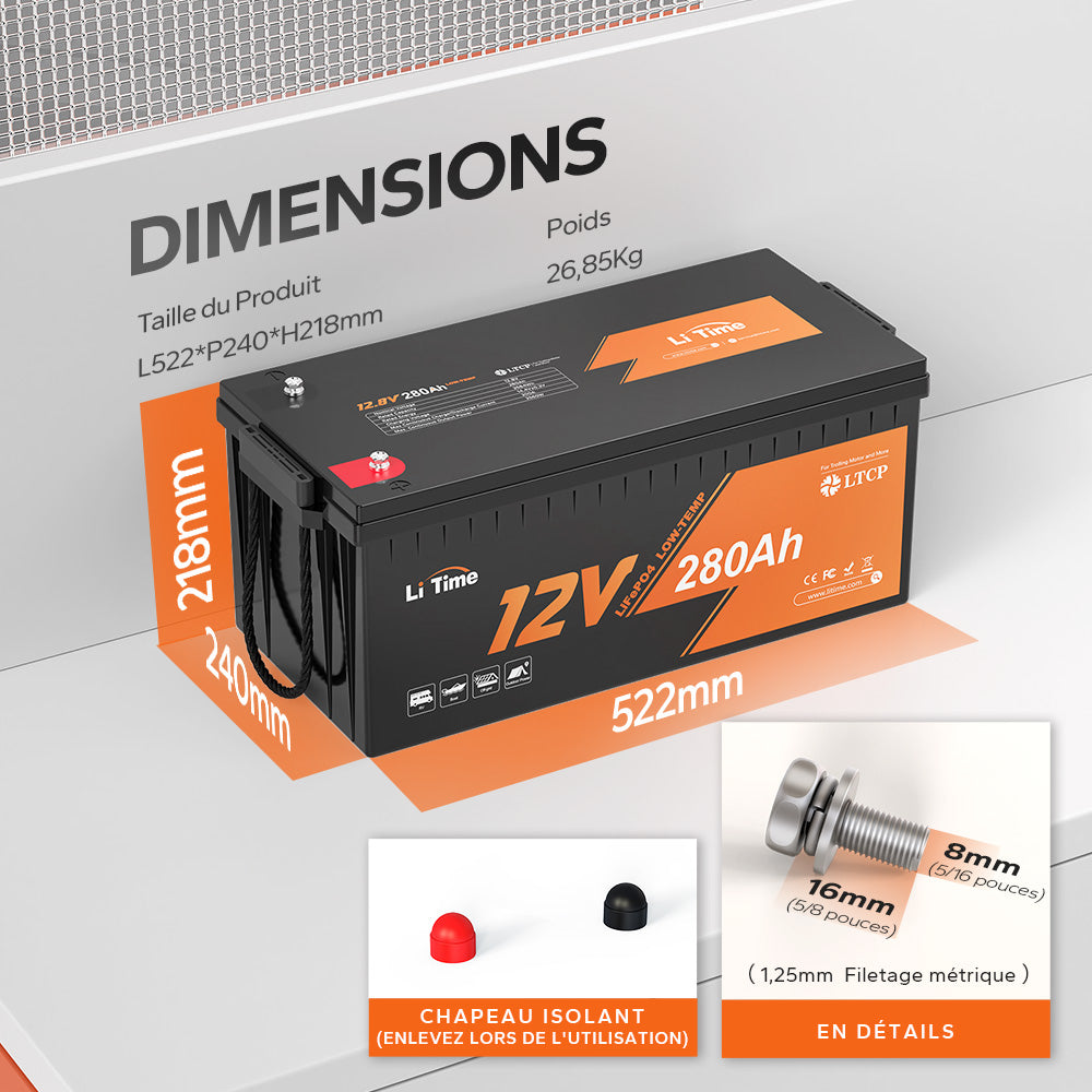Dimensions de la batterie LiTime 12V 280Ah Plus, pratiques.