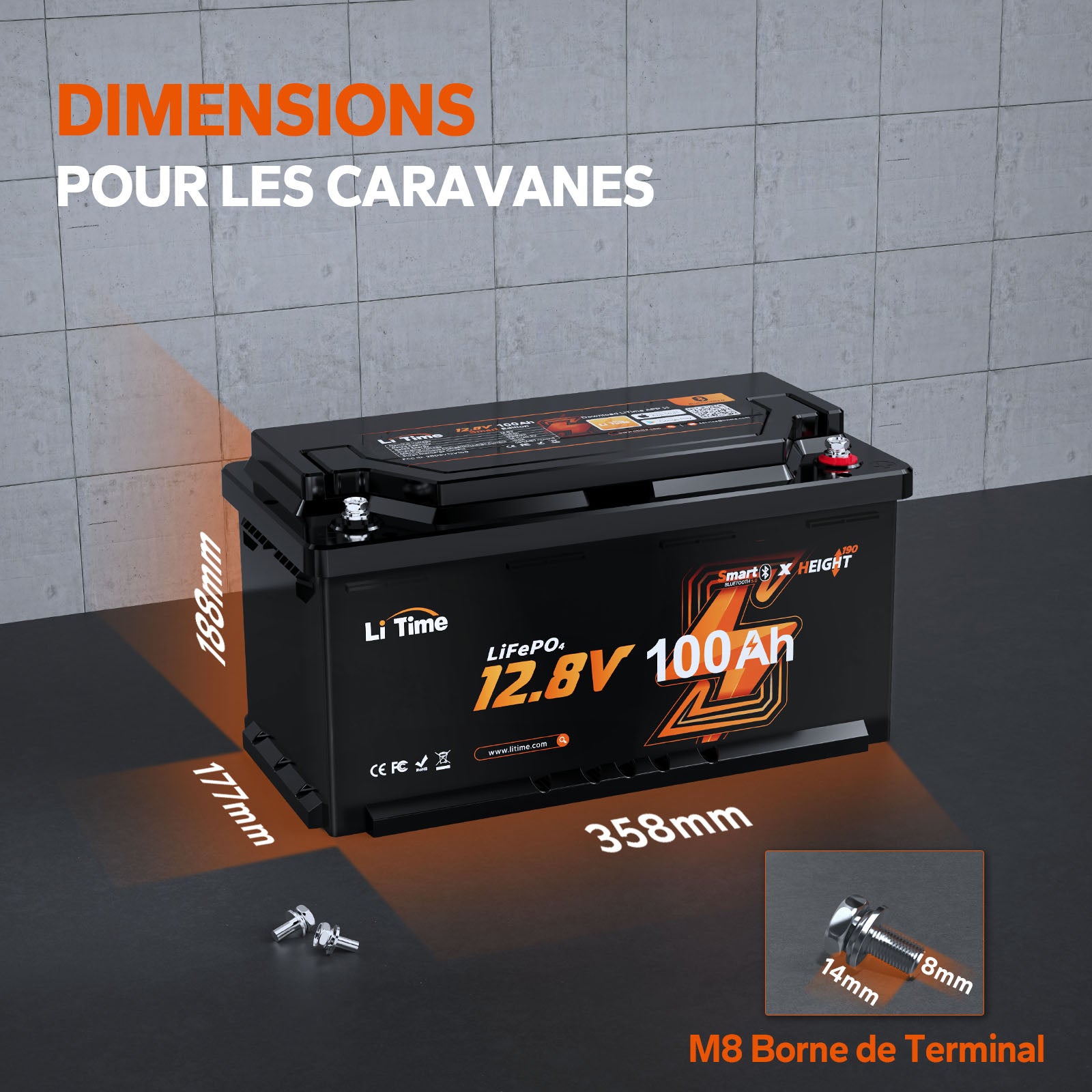 ⚡Top Vente Hors Taxes⚡LiTime 12V 100Ah H190 Batterie au lithium avec Bluetooth - Siège de camping, taille DIN H8 L5