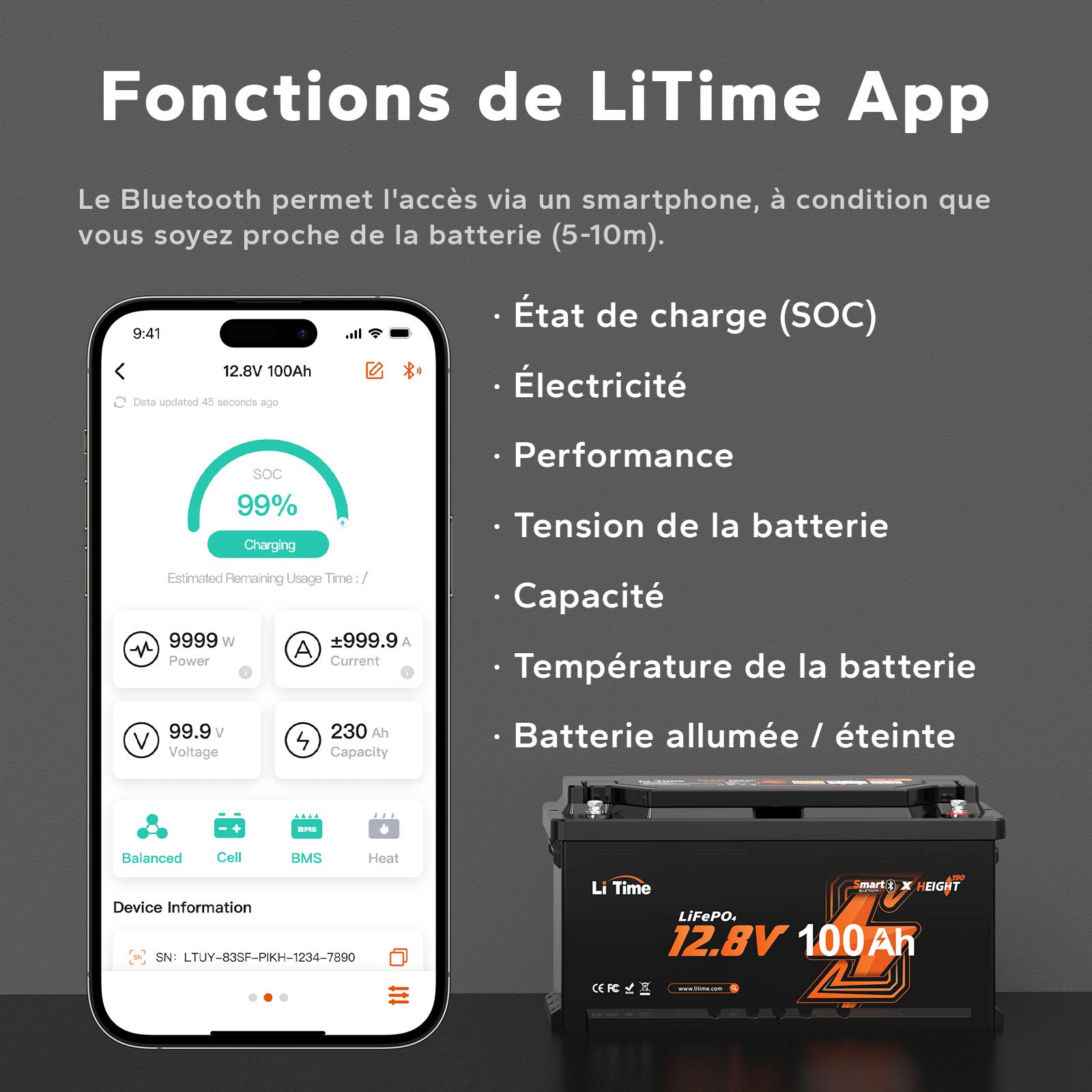 ⚡Top Vente⚡LiTime 12V 100Ah H190 Batterie au lithium avec Bluetooth - Batterie Camping Car Lithium, taille DIN H8 L5