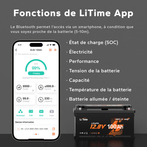 ⚡Top Vente Hors Taxes⚡LiTime 12V 100Ah H190 Batterie au lithium avec Bluetooth - Siège de camping, taille DIN H8 L5