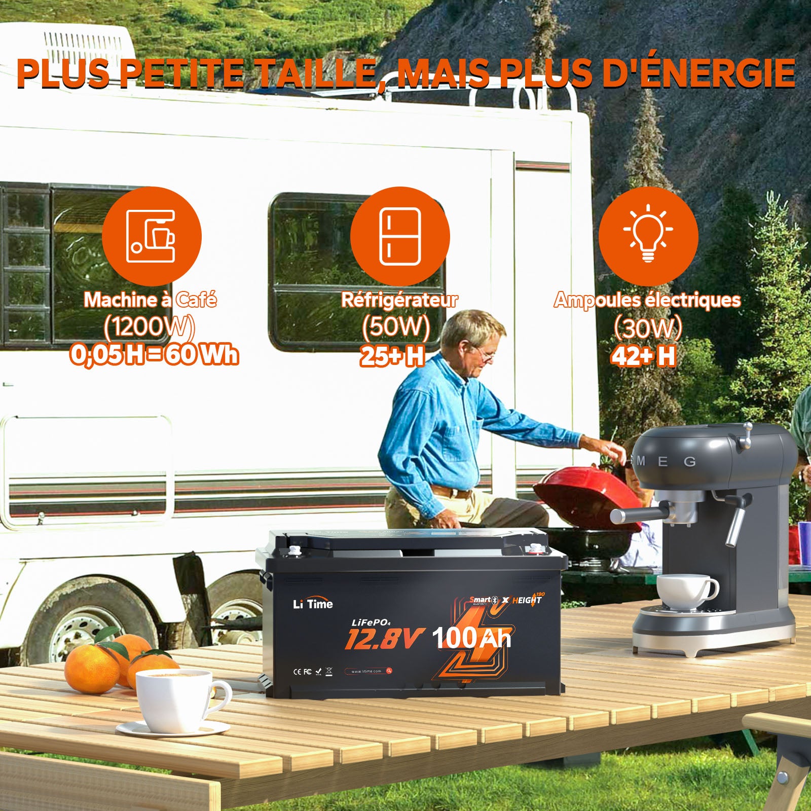 ⚡Top Vente Hors Taxes⚡LiTime 12V 100Ah H190 Batterie au lithium avec Bluetooth - Siège de camping, taille DIN H8 L5