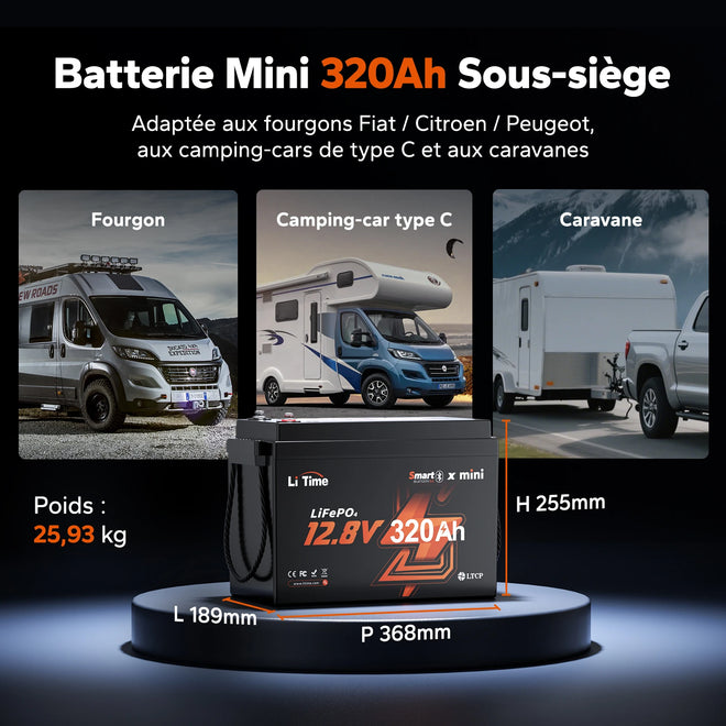LiTime Batterie LiFePO4 12V 320Ah compacte sous siège pour camping-car