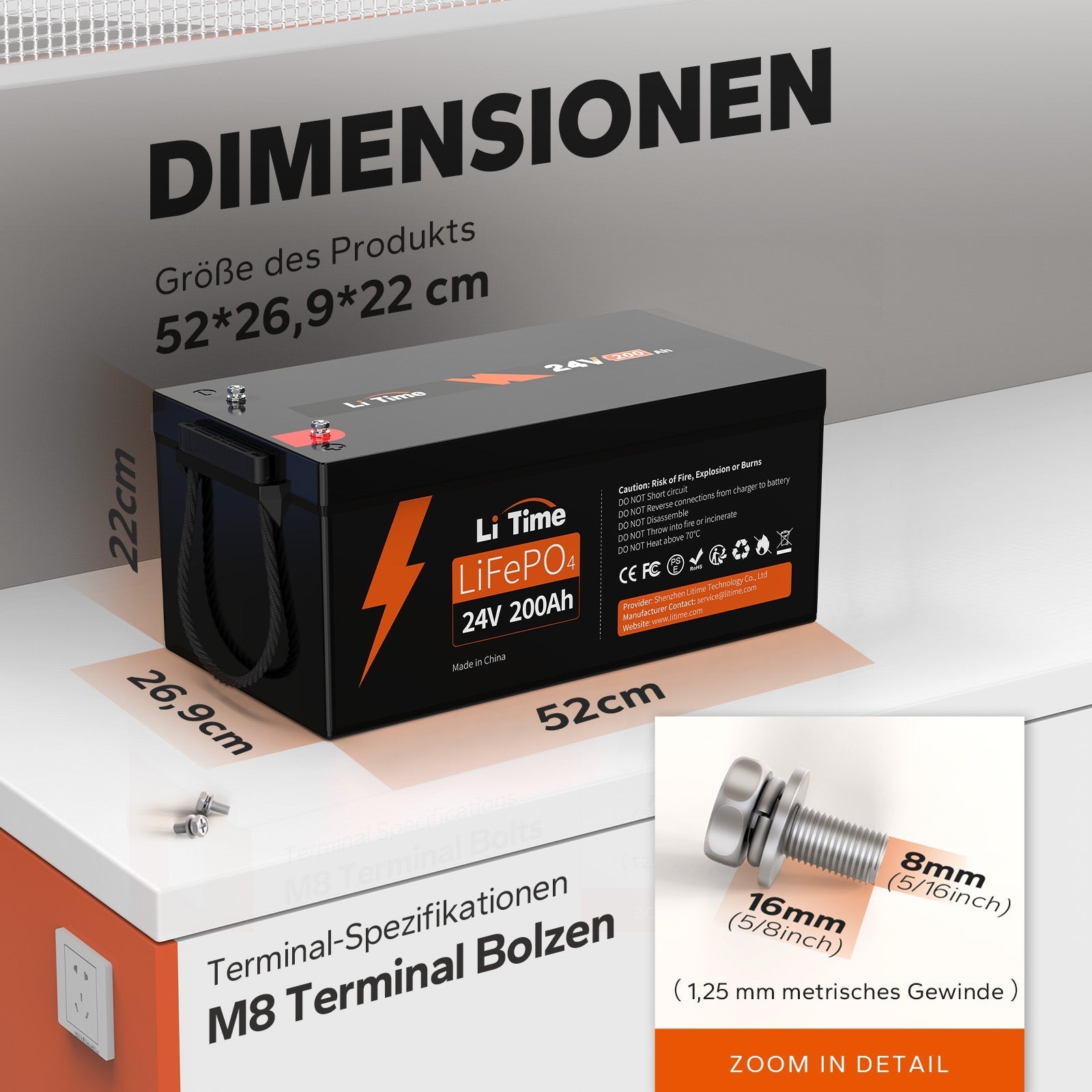 LiTime 24V 200Ah Piles au lithium LiFePO4 du groupe 8D