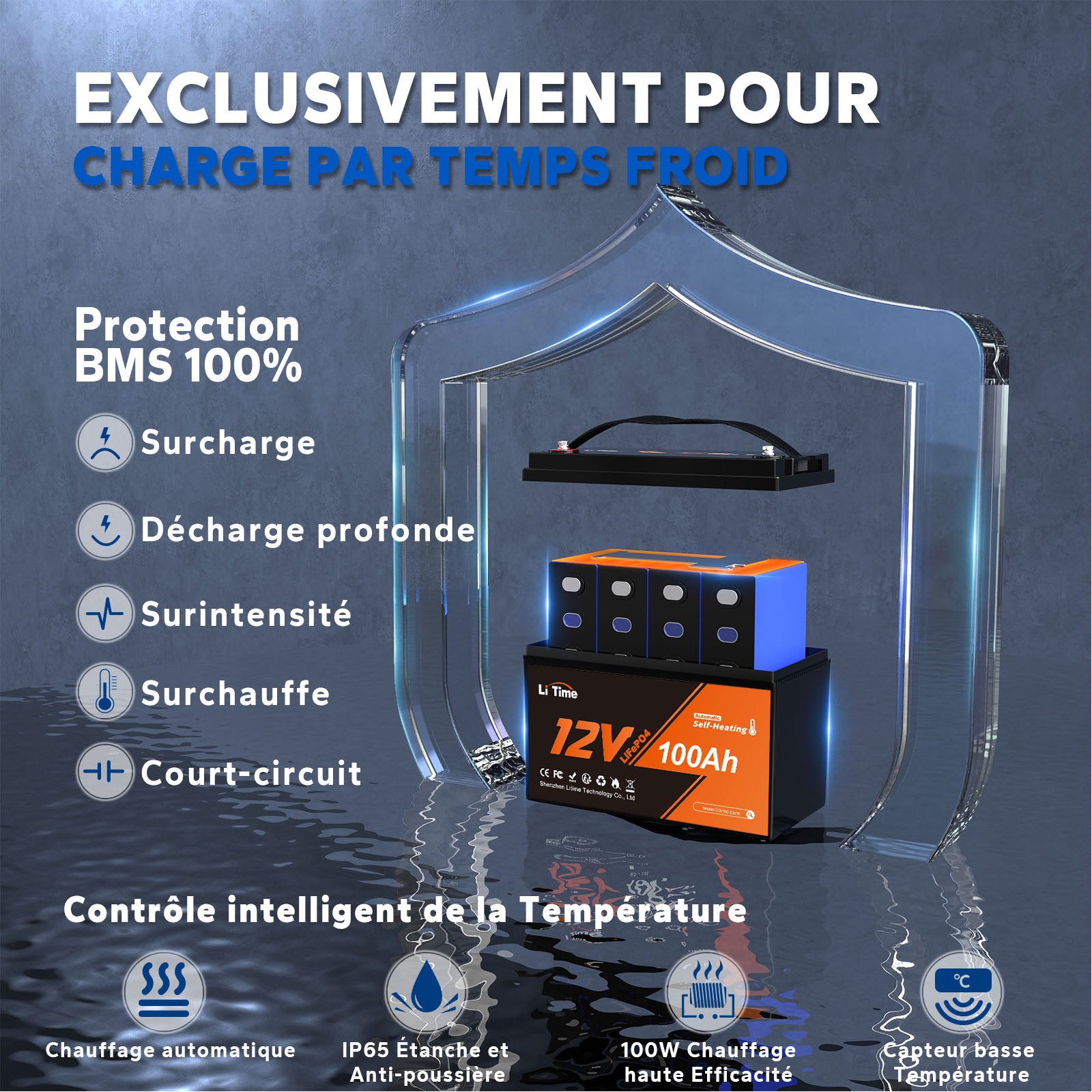 ⚡Top Vente Hors Taxes⚡LiTime 12V 100Ah Batterie LiFePO4 Auto-Chauffante À Basse Température