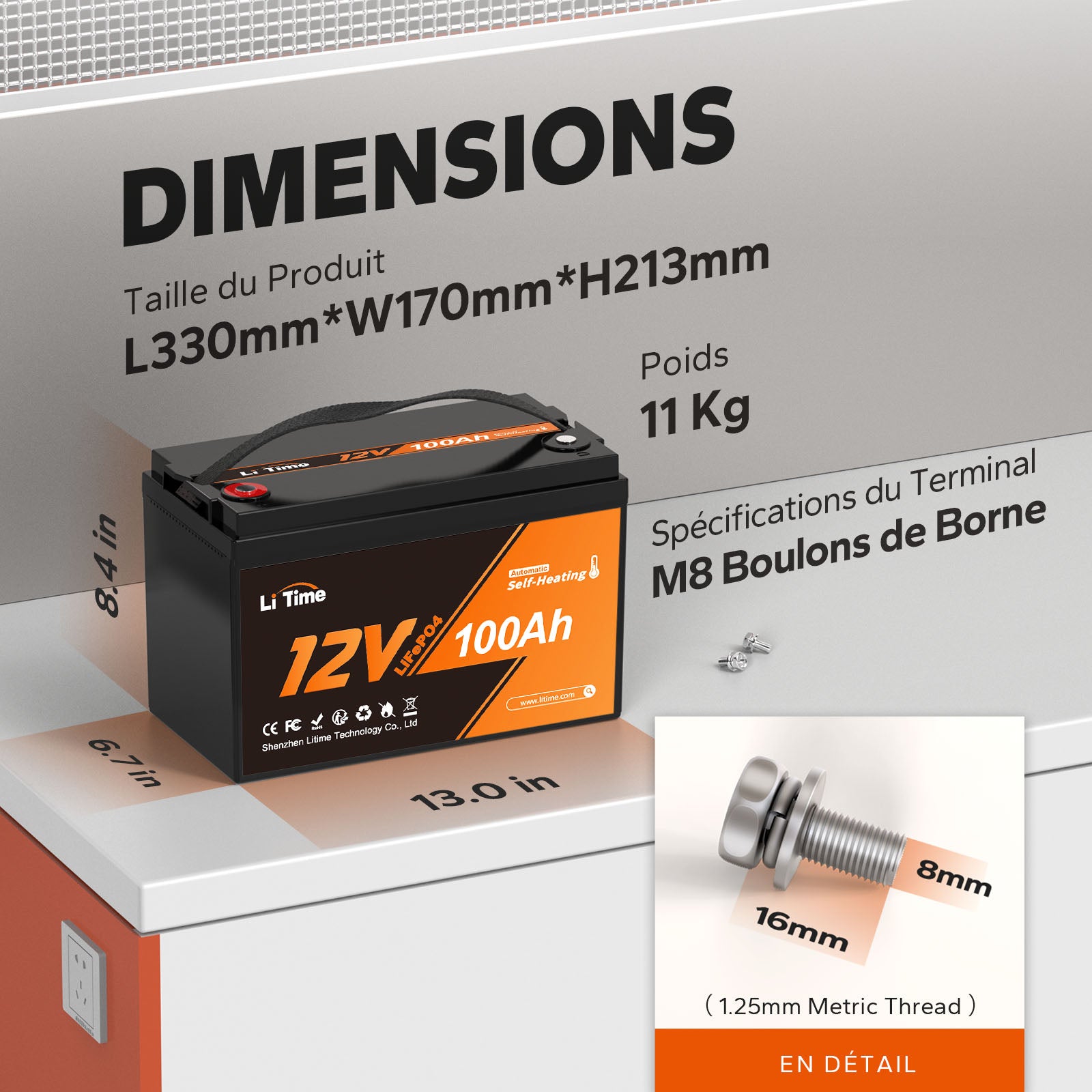 LiTime 12V 100Ah Batterie LiFePO4 Auto-Chauffante À Basse Température