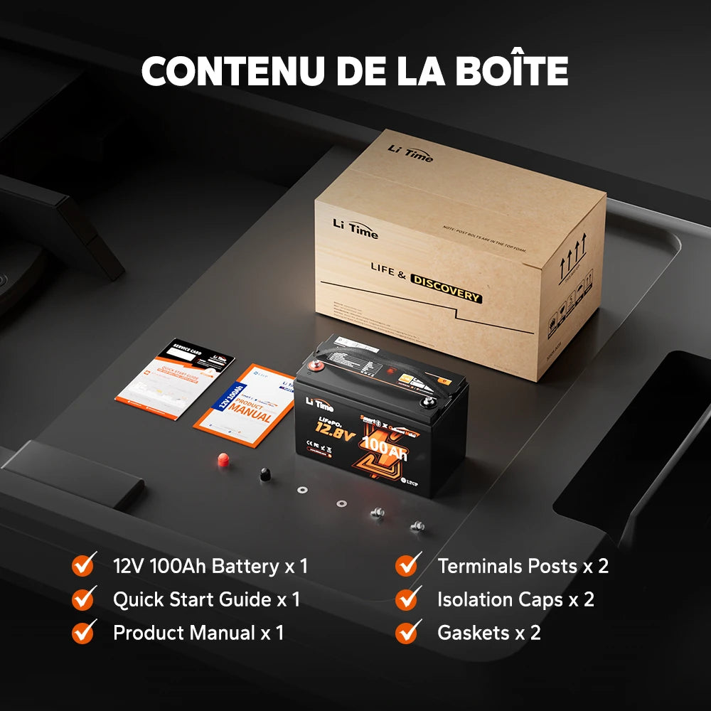 LiTime Batterie LiFePO4 12V 100Ah OBM Smart Contenu Du Colis
