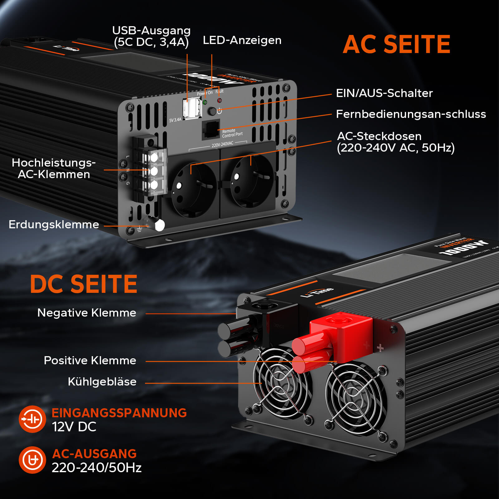 LiTime 1000W Onduleur Reiner Sinus Pur - Convertisseur 12V CC à 230V CA