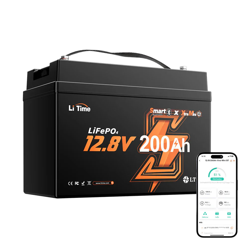 Batterie LiFePO4 LiTime 12V 200Ah Xtra-Mini avec Bluetooth pour camping-cars et camping | Cellules haut de gamme, 6000+ cycles à 100 % de DOD