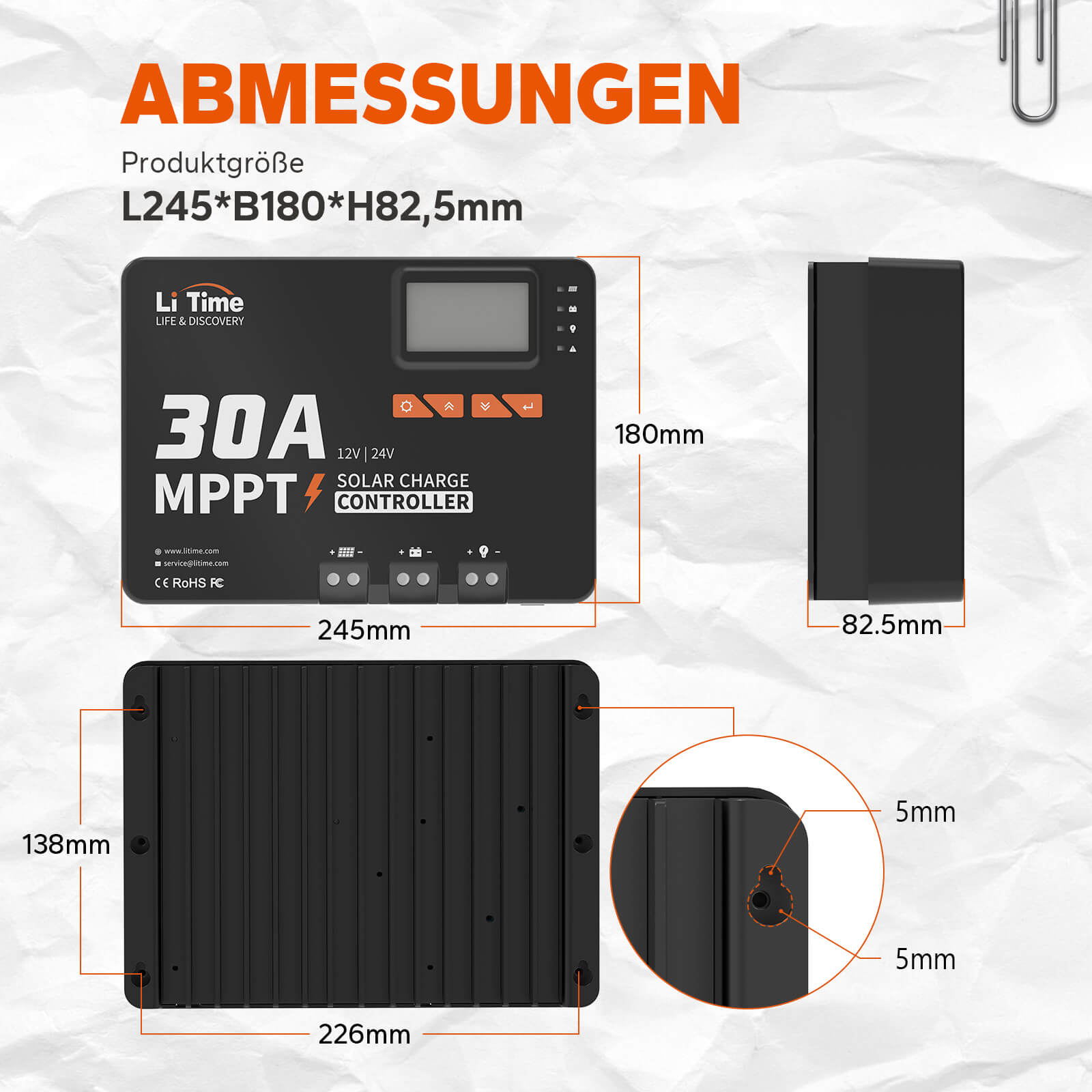 LiTime Regolatore Solare MPPT 30A 12V/24V con Bluetooth - LiTimeFR/IT/ES