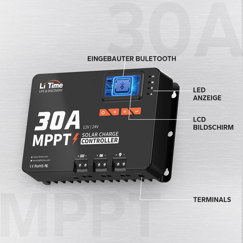 LiTime Regolatore Solare MPPT 30A 12V/24V con Bluetooth - LiTimeFR/IT/ES