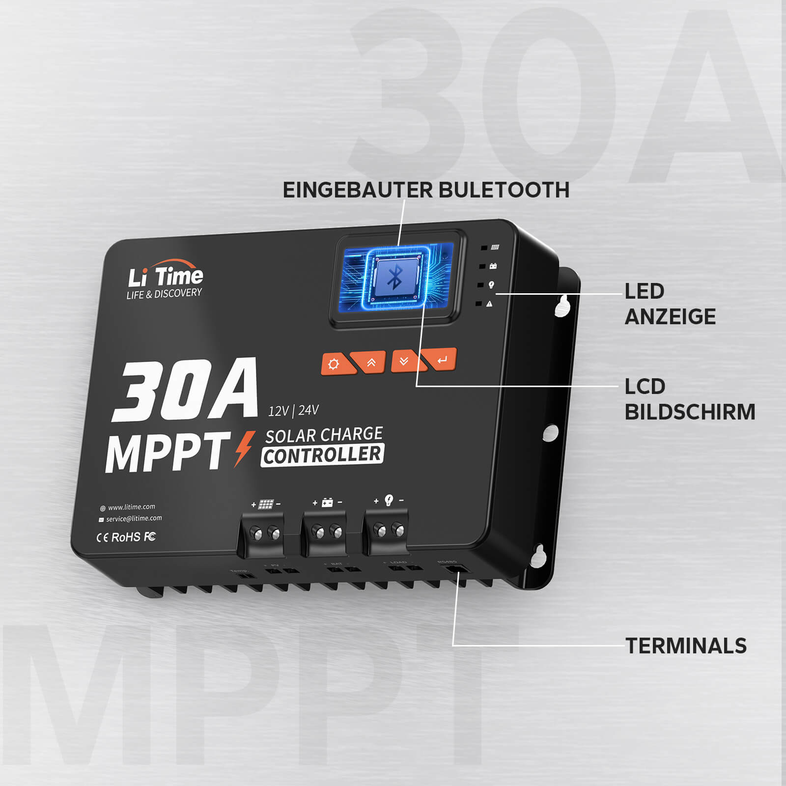 LiTime Regolatore Solare MPPT 30A 12V/24V con Bluetooth - LiTimeFR/IT/ES