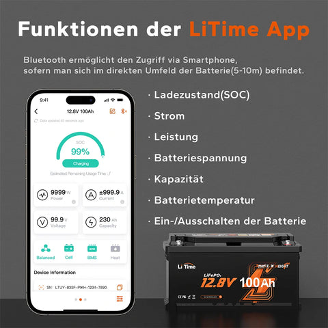 Funzioni dell'app LiTime per monitoraggio batteria LiFePO4 Bluetooth