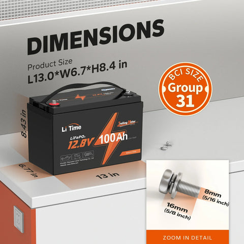 Batteria LiTime 12V 100Ah Group 31 con dimensioni di 13 x 6.7 x 8.4 pollici, terminali M8 e bulloni da 8mm per applicazioni marine e motore elettrico.