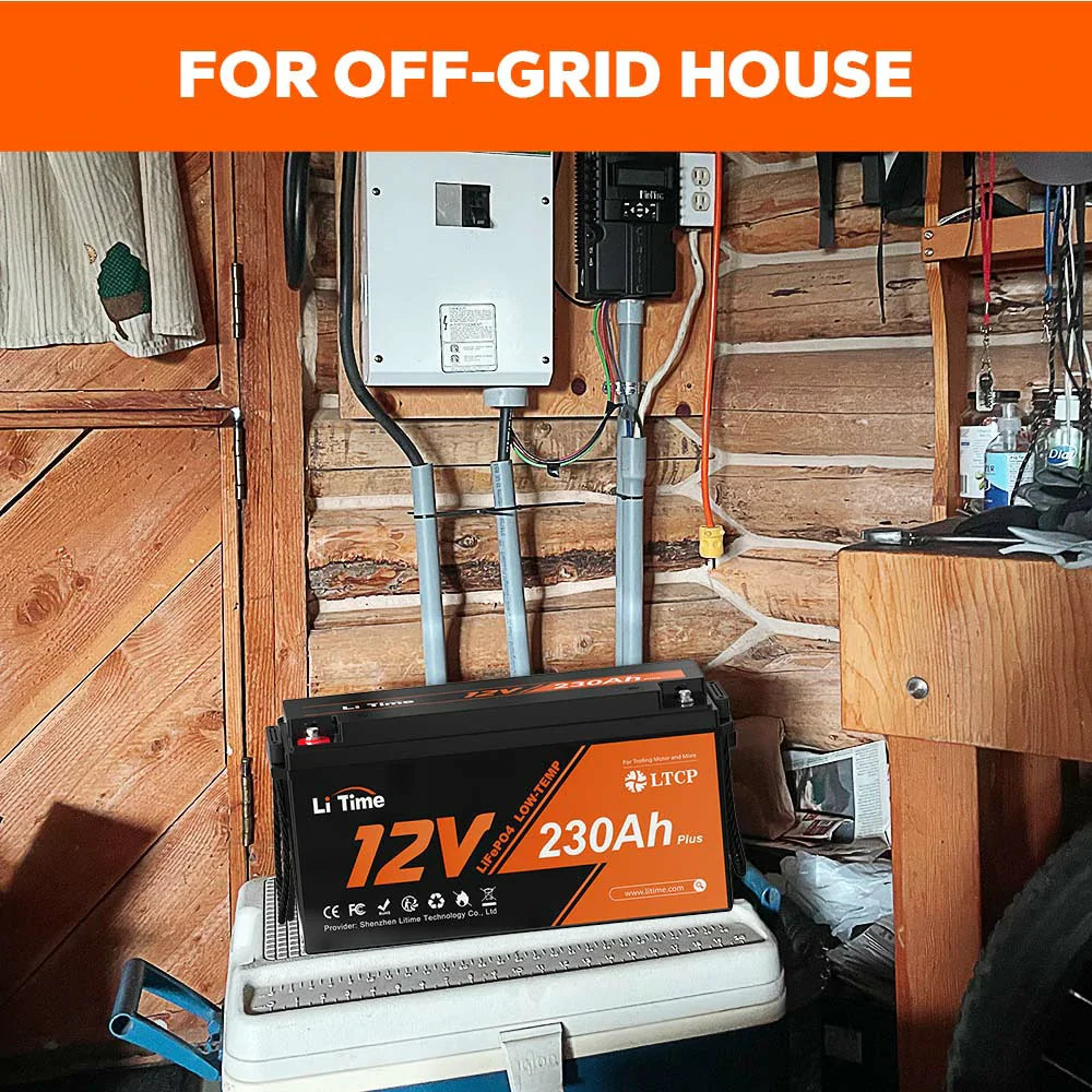 LiTime 12V 230Ah Plus battery installed in an off-grid house power system setup, showcasing its suitability for off-grid living.