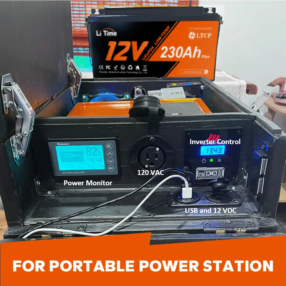 LiTime 12V 230Ah Plus battery setup for portable power station with power monitor, inverter control, USB, and 12V DC outputs.