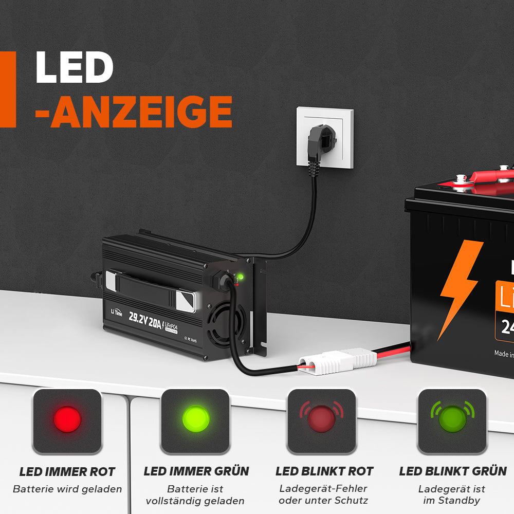 LiTime 24V 20A Chargeur de batteries au lithium pour batteries au lithium LiFePO4