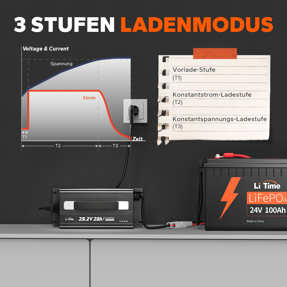 LiTime 24V 20A Chargeur de batteries au lithium pour batteries au lithium LiFePO4