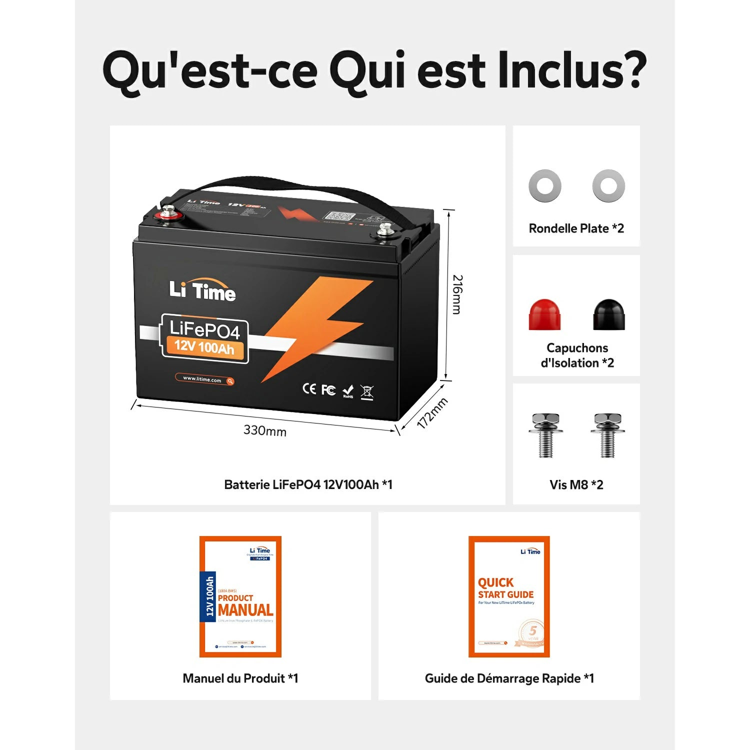 Contenu de la boîte de la batterie 12V 100Ah avec vis M8 et guide de démarrage