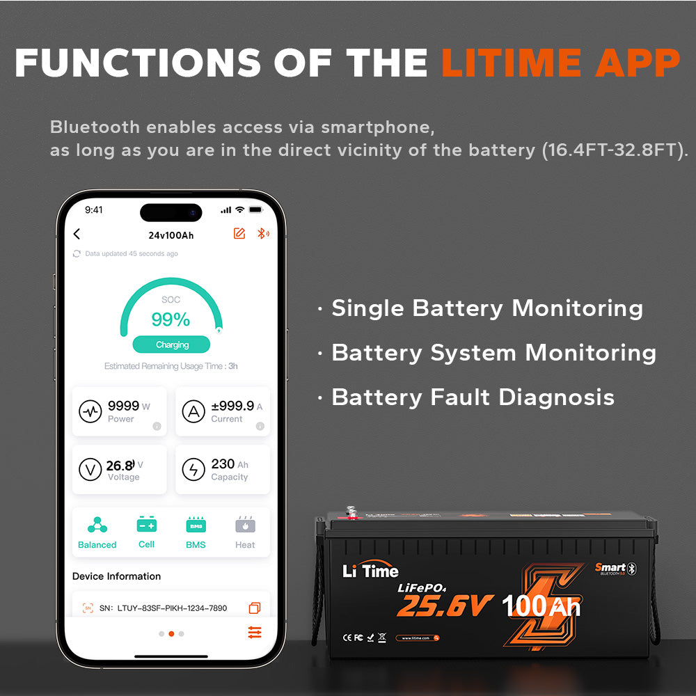 Interface de l'application LiTime sur smartphone pour la surveillance en temps réel, le contrôle du système et le diagnostic des pannes de la batterie Bluetooth 24V 100Ah