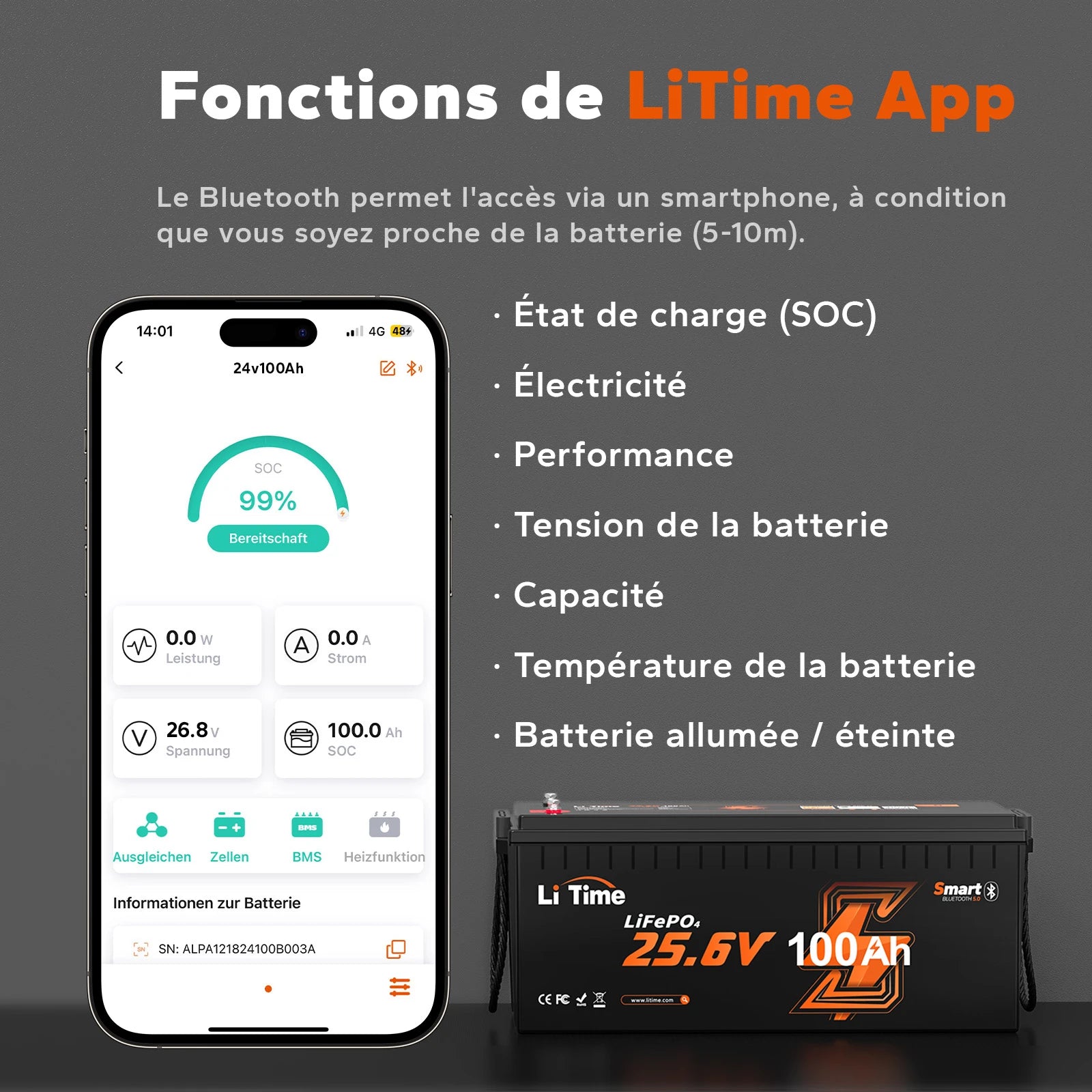 Interface de l'application LiTime sur smartphone pour la surveillance en temps réel, le contrôle du système et le diagnostic des pannes de la batterie Bluetooth 24V 100Ah