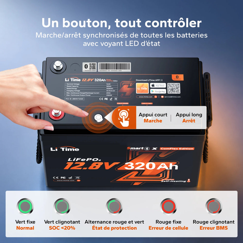 Batterie LiTime 12V 320Ah Mini ComFlex avec bouton de contrôle et voyant LED pour vérifier l’état du système.