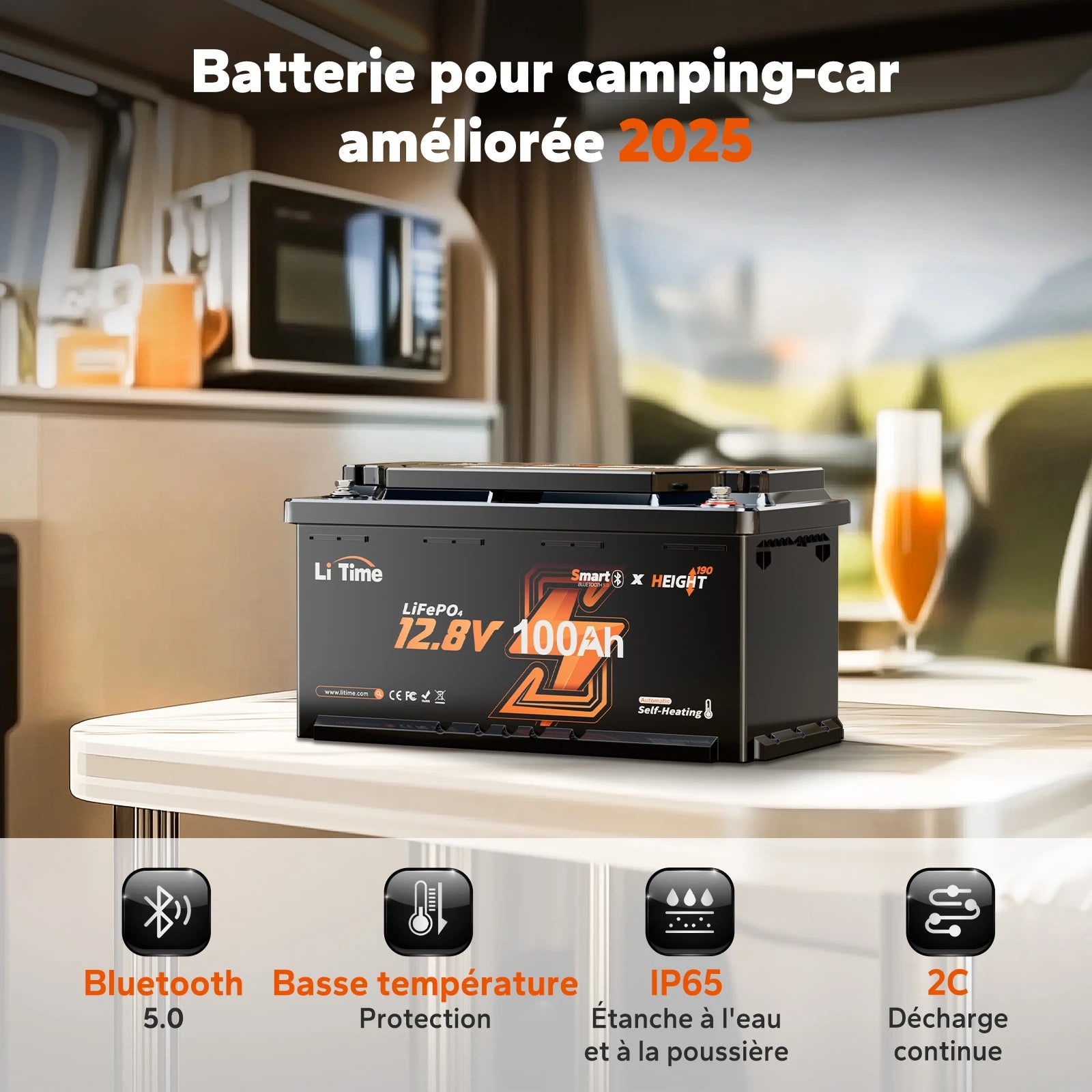 Batterie cellule lithium LiTime 12V 100Ah connectée Bluetooth pour l'intérieur d'un camping-car ou van aménagé