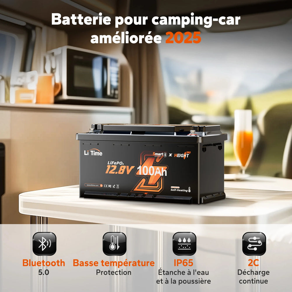 Batterie cellule lithium LiTime 12V 100Ah connectée Bluetooth pour l'intérieur d'un camping-car ou van aménagé
