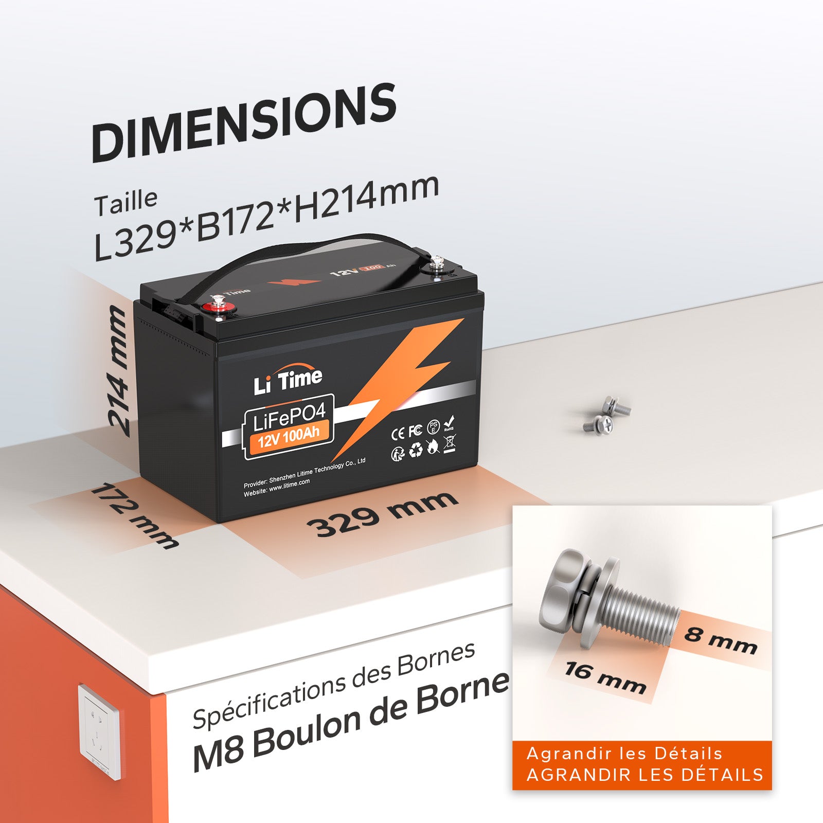 Batterie LiFePO4 12V 100A Dimensions