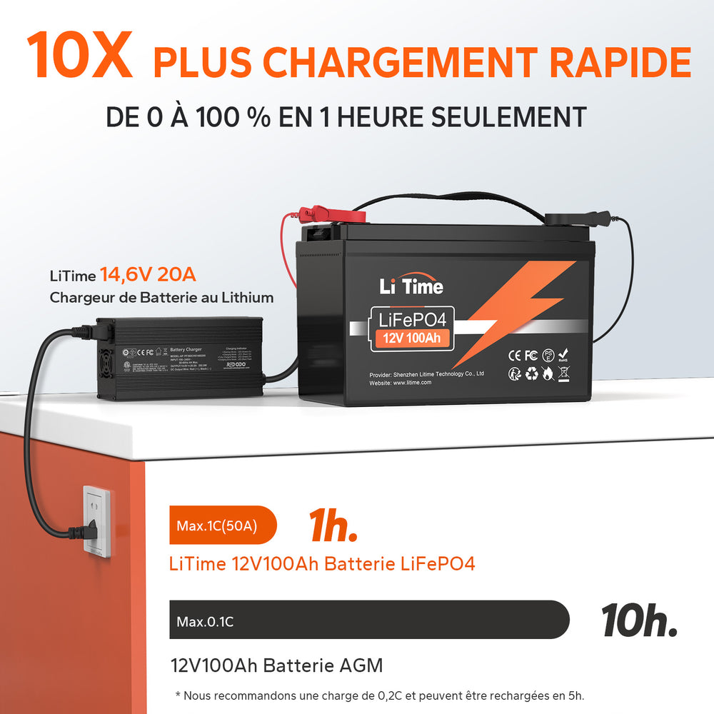 Batterie LiFePO4 12V 100A 10X Chargement Rapide