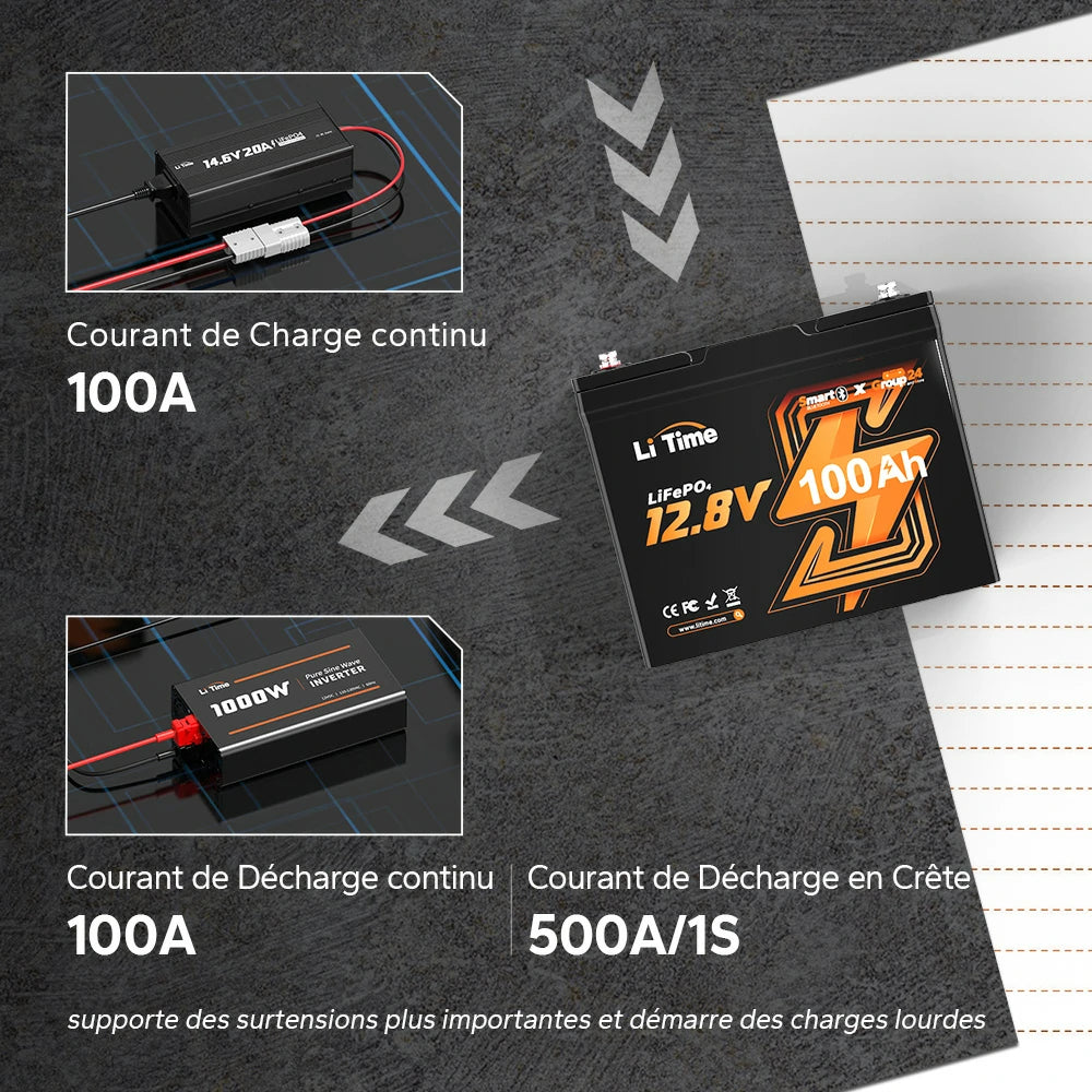 Courant de charge et de décharge continu de 100A avec support des surcharges.