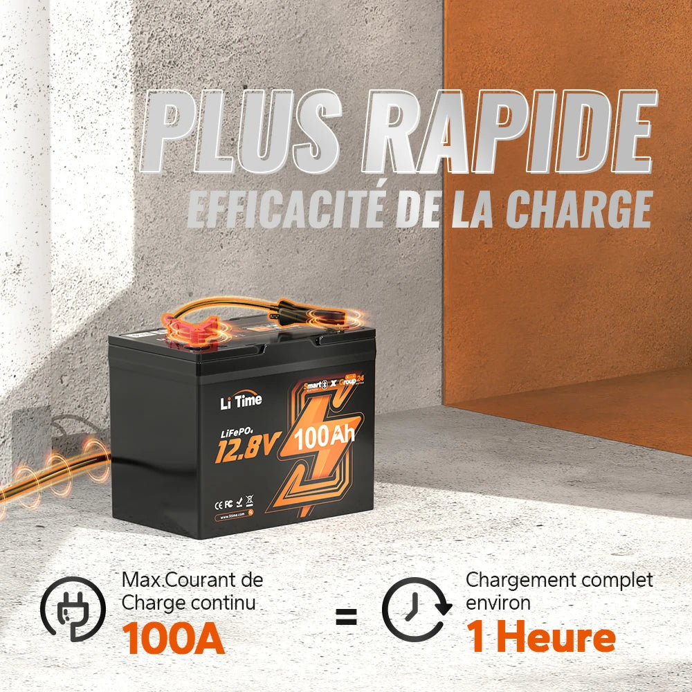 Efficacité de charge rapide de la batterie LiTime 100Ah en environ 1 heure.
