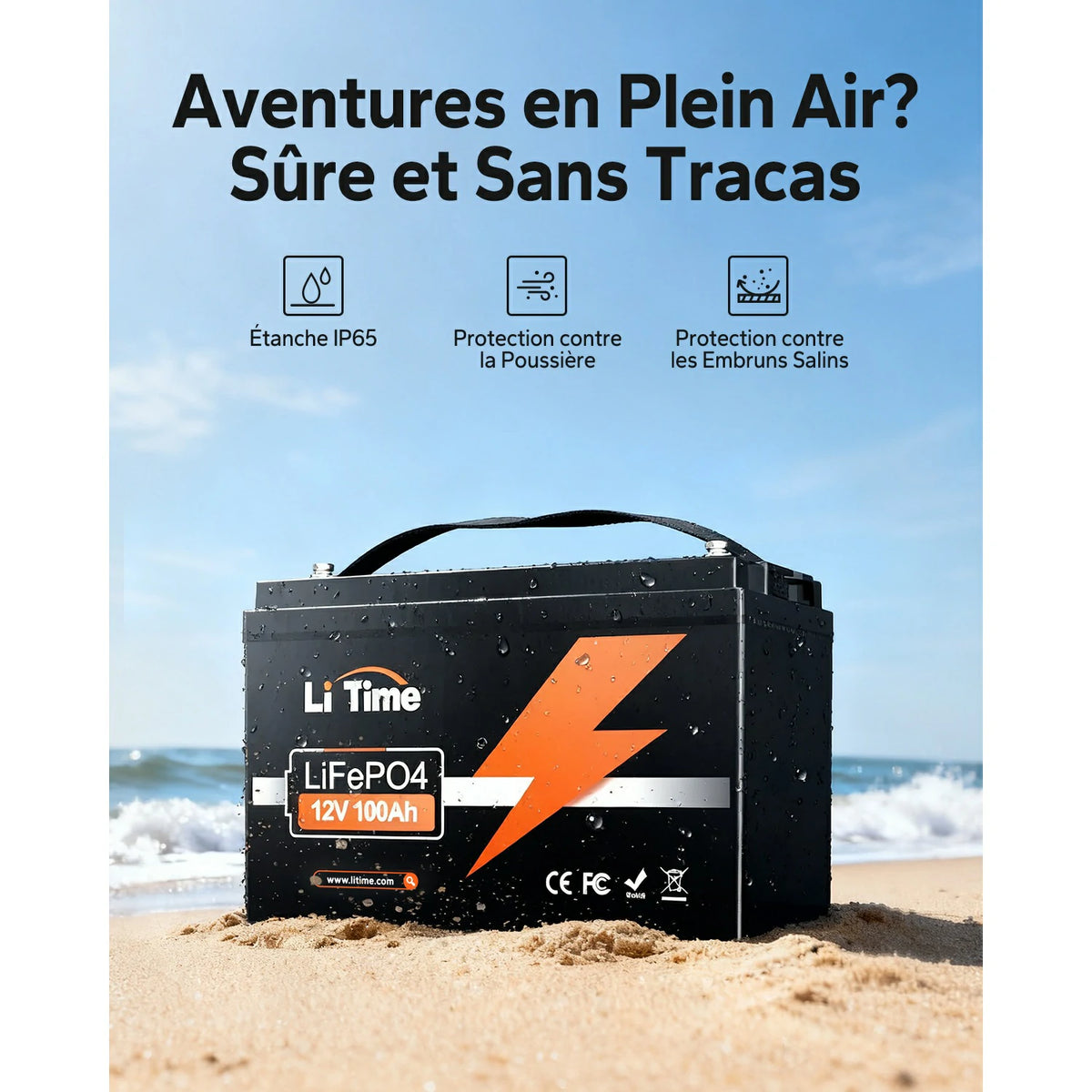 Batterie LiFePO4 12V 100Ah étanche IP65 résistante aux embruns salins pour camping-car et bateau