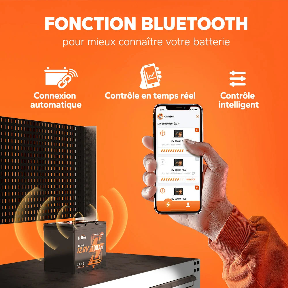 Fonction Bluetooth de la batterie LiTime pour un contrôle intelligent et en temps réel.