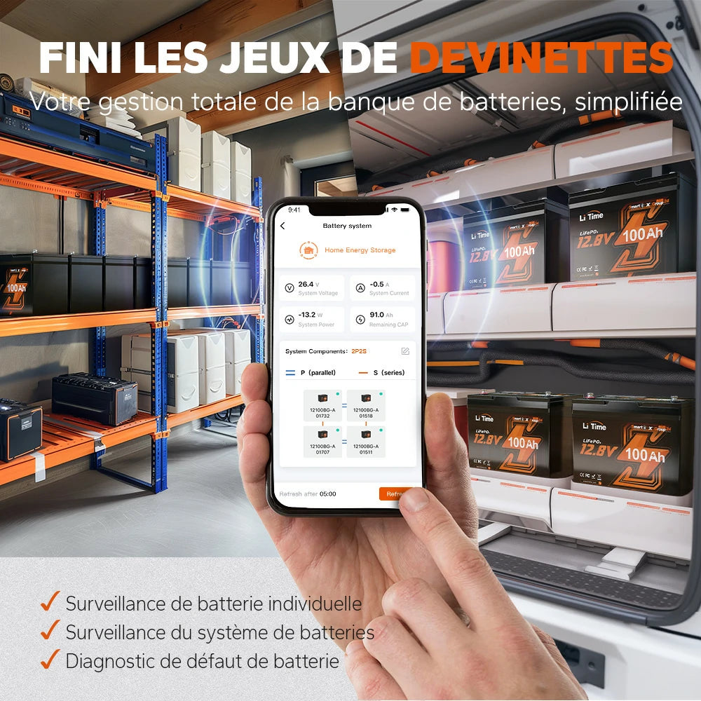 Application mobile LiTime pour la gestion globale, la surveillance et le diagnostic de la batterie.