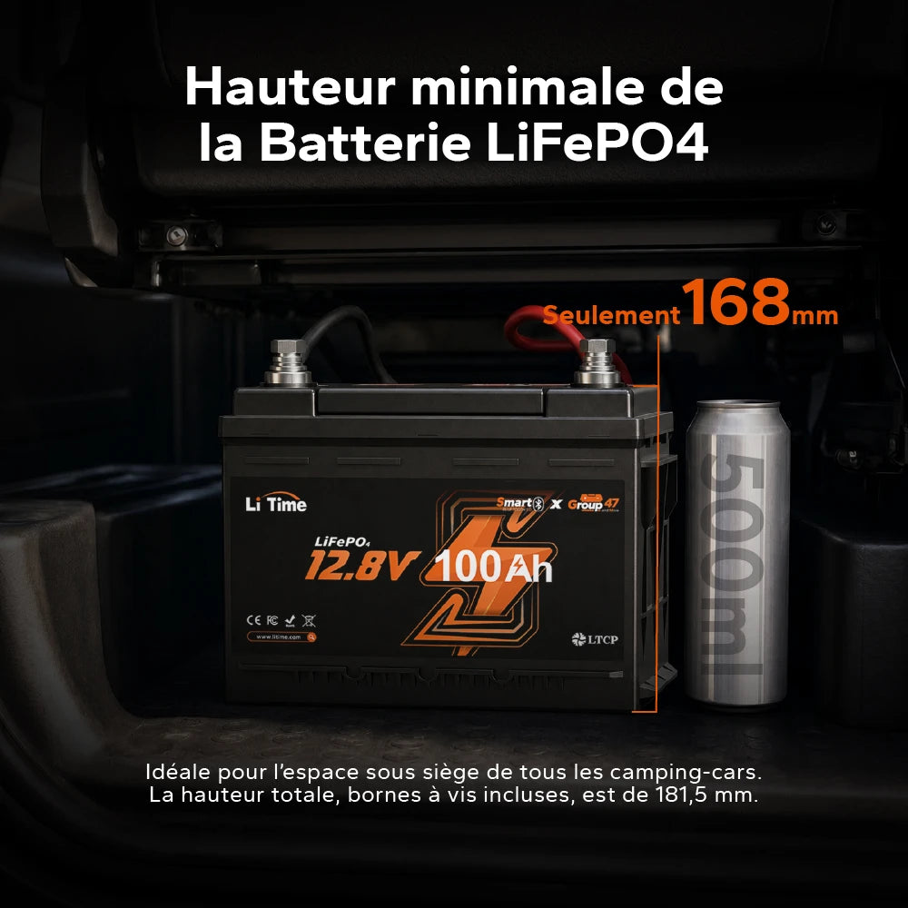 Batterie LiFePO4 12V 100Ah H168 à hauteur réduite pour installation sous siège de camping-car