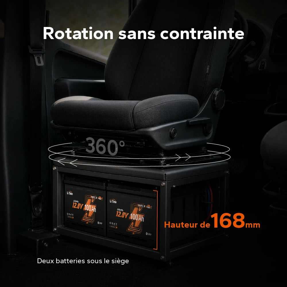 Batterie LiFePO4 12V 100Ah H168 installée sous siège avec fonction de rotation préservée