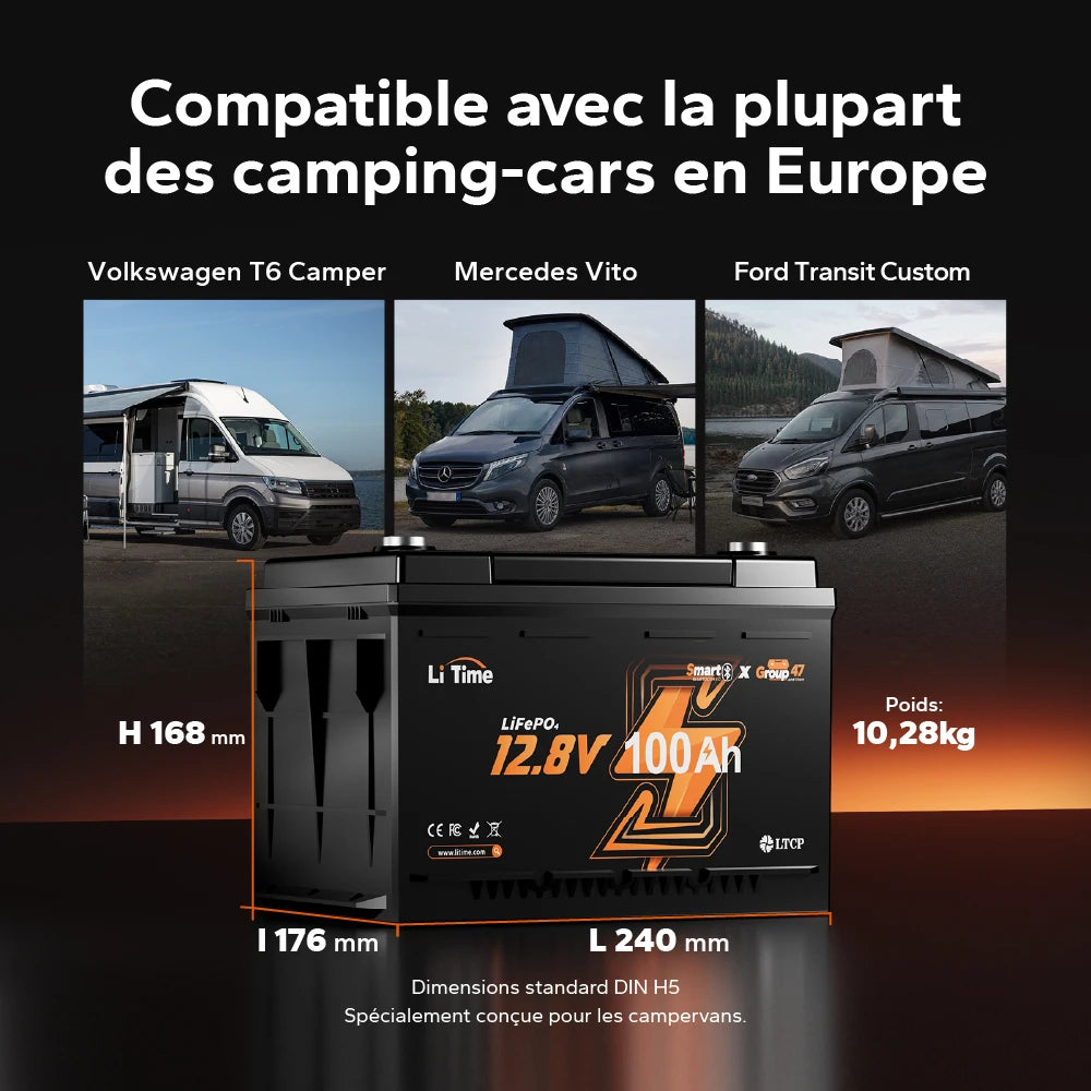 Batterie LiFePO4 12V 100Ah H168 compatible avec VW T6, Mercedes Vito et Ford Transit Custom